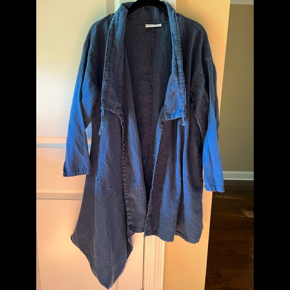 BRYN WALKER CARDIGAN LAGENLOOK ASYMMETRICAL HEM OPEN FRONT LINEN BLUE SMALL